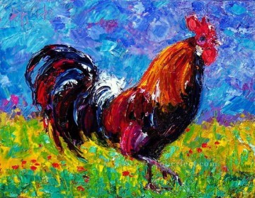 動物 Painting - 赤い花の雄鶏